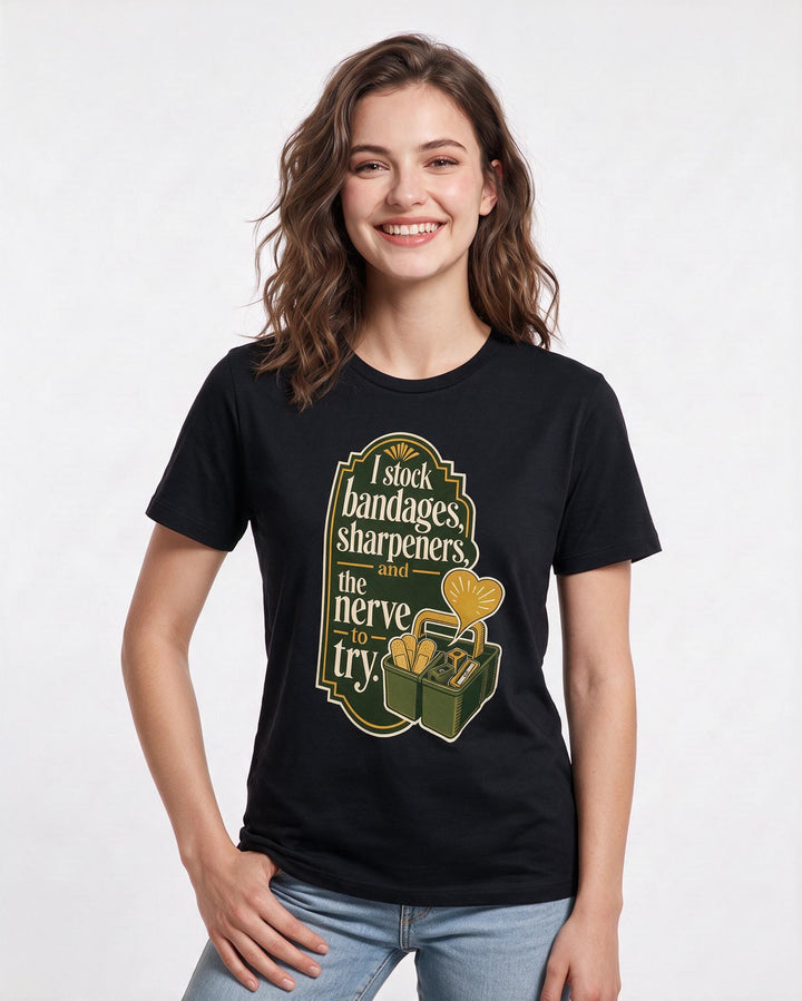 Teacher Women's Black T-Shirt – I stock bandages, sharpeners, and the nerve to try. product image 3