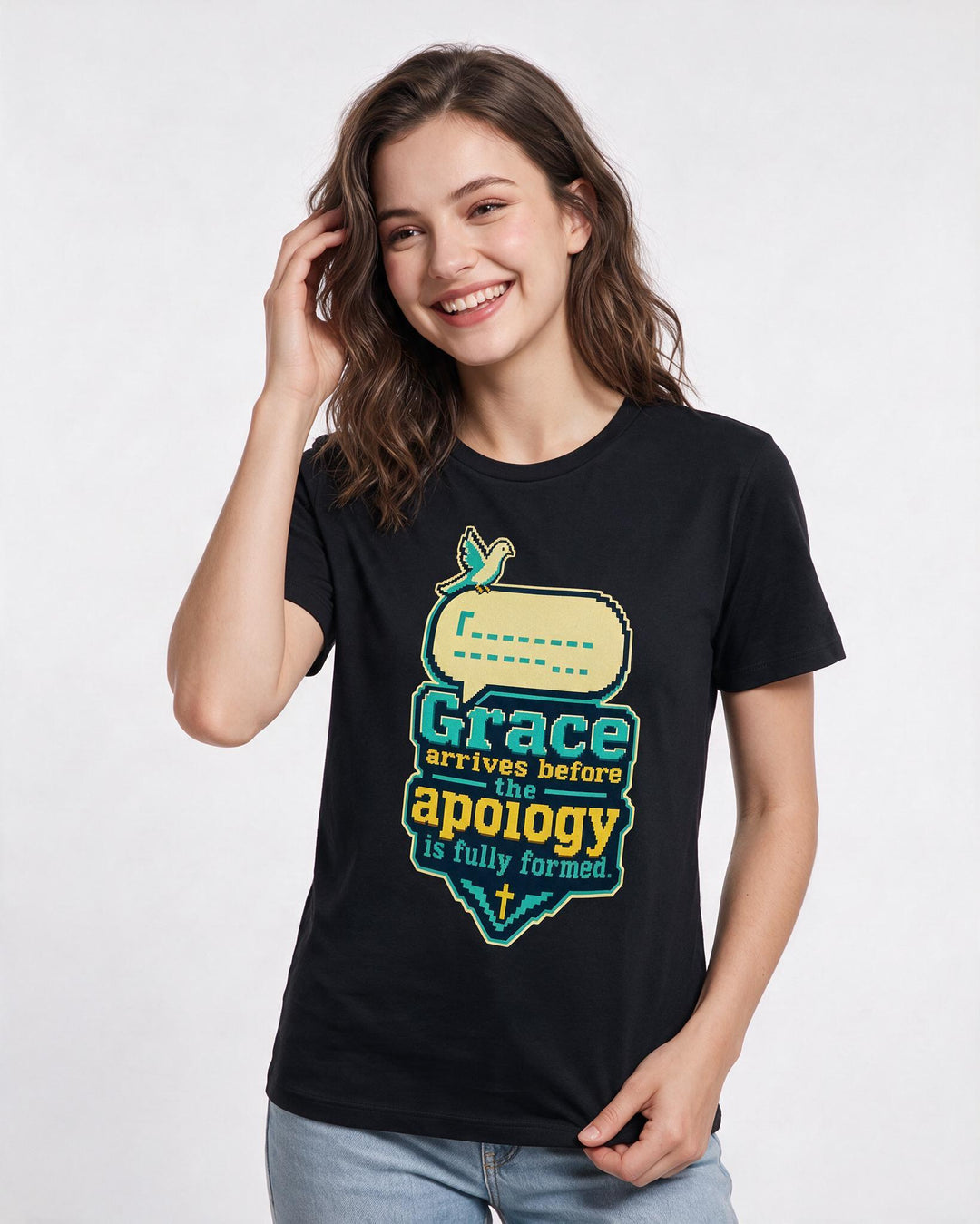 Christian Faith Women's Black T-Shirt – Grace arrives before the apology is fully formed. product image 3
