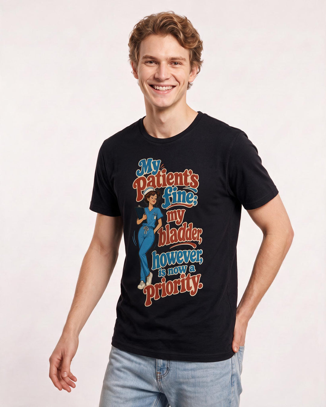 Funny Nurse Men's Black T-Shirt – My patient's fine; my bladder, however, product image 3