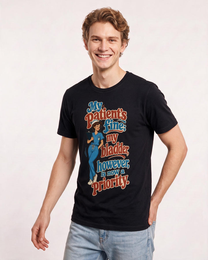 Funny Nurse Men's Black T-Shirt – My patient's fine; my bladder, however, product image 3