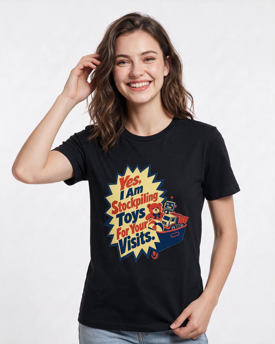 Graphic Women's Black T-Shirt - Yes, I Am Stockpiling Toys For Your product image 3