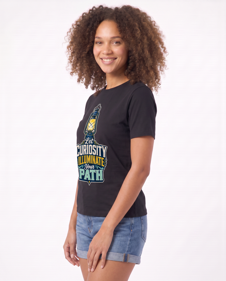 Let Curiosity Illuminate Your Path Black T-Shirt mockup 2