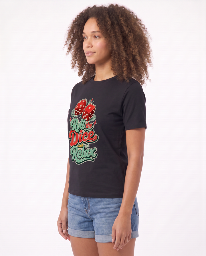 Roll The Dice And Relax Black T-Shirt mockup 2