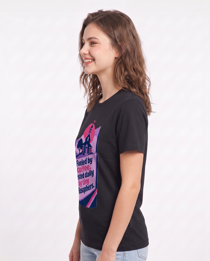 Fueled by coffee, tested daily by tiny philosophers. - Women's Black T-Shirt product image 3