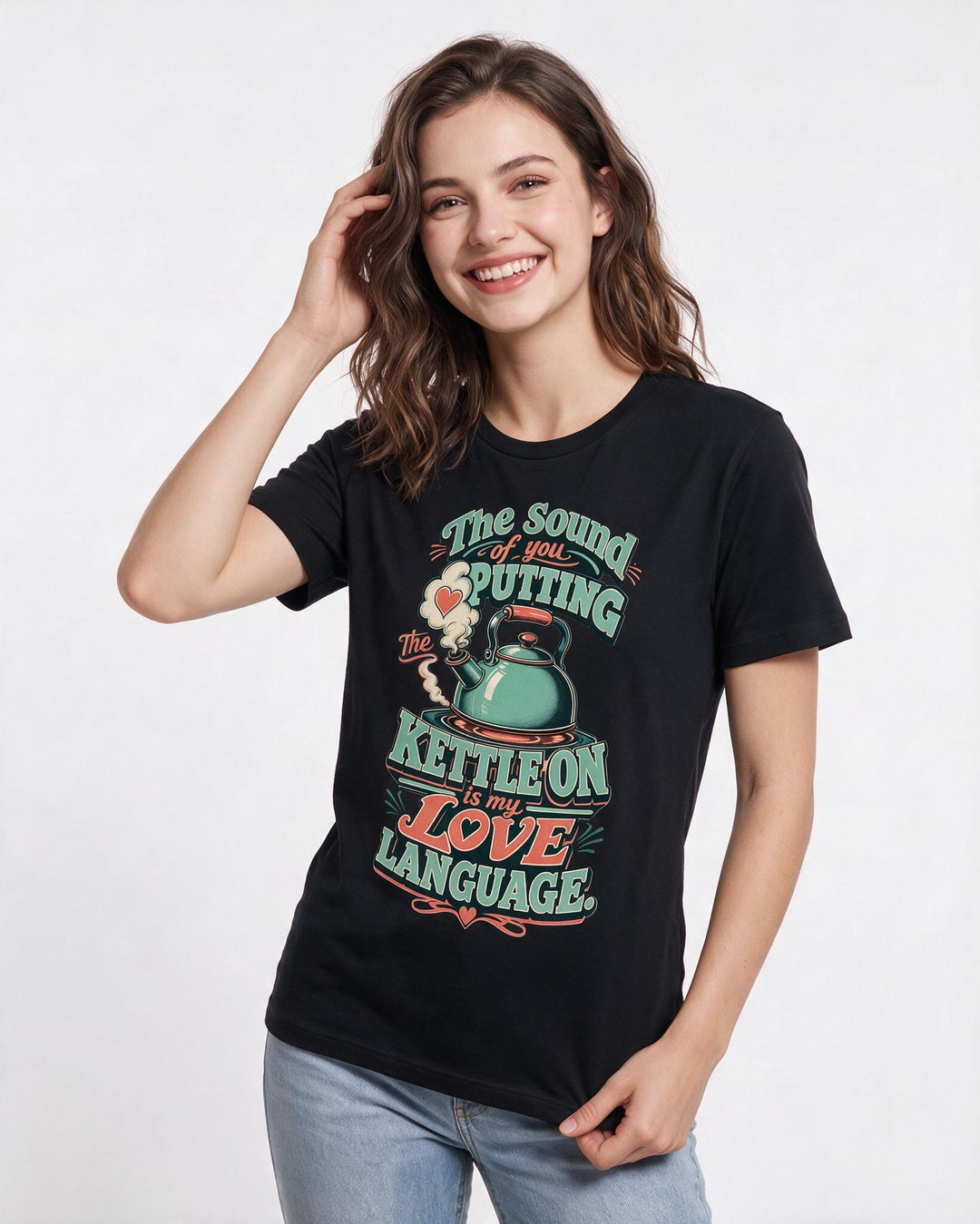 Couples Women's Black T-Shirt – The sound of you putting the kettle on is my love language product image 3