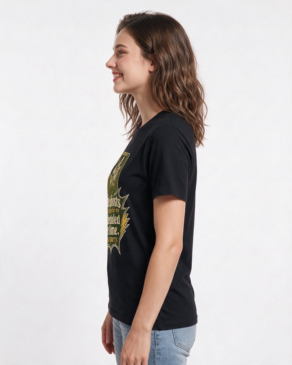 Halloween Women's Black T-Shirt – The ghosts are here for my scheduled me-time, not a party. product image 2