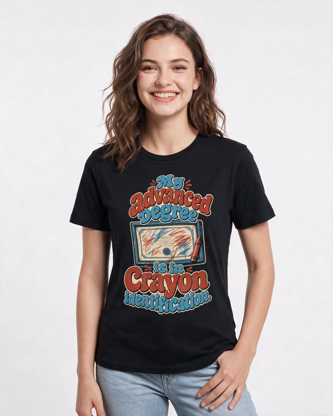 Funny Teacher Women's Black T-Shirt – My advanced degree is in crayon identification. product image 3