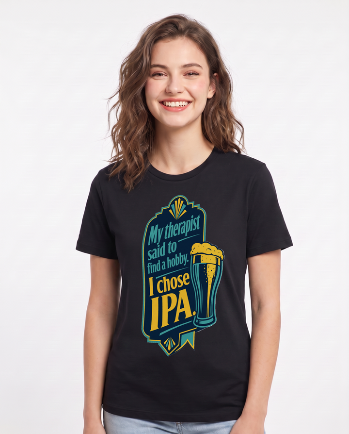 Funny Beer Women's Black T-Shirt - My therapist said to find a hobby. product image 1