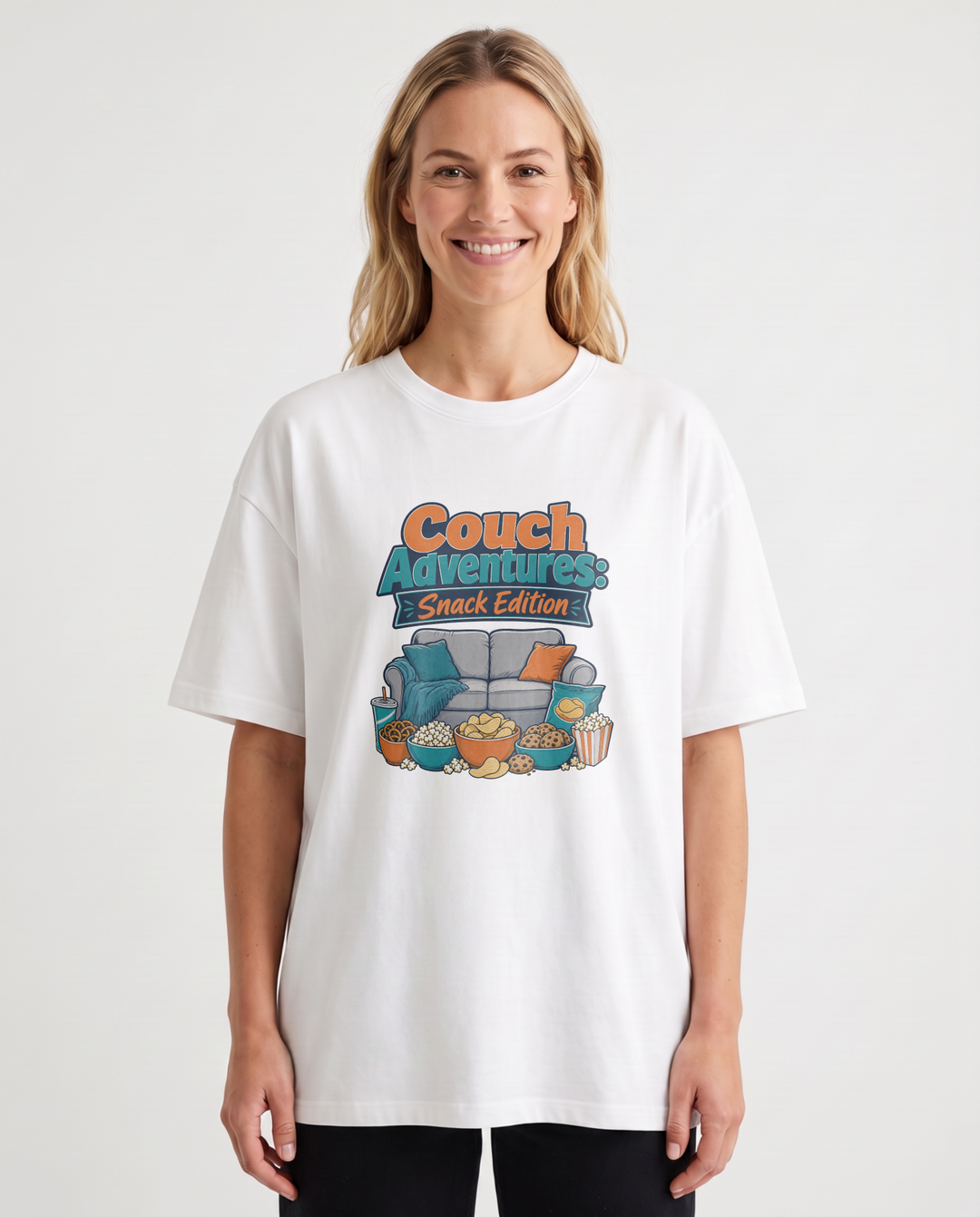 Couch Adventures: Snack Edition White T-Shirt mockup 1