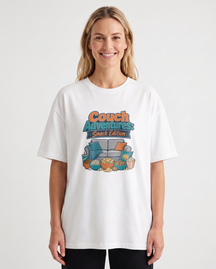 Couch Adventures: Snack Edition White T-Shirt mockup 1