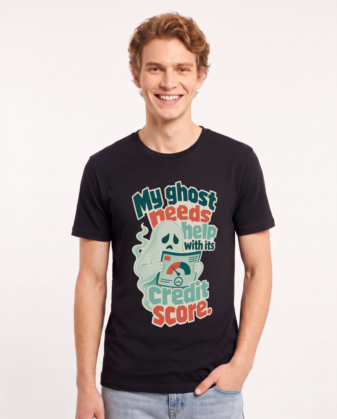 Funny Halloween Men's Black T-Shirt – My ghost needs help with its credit product image 1