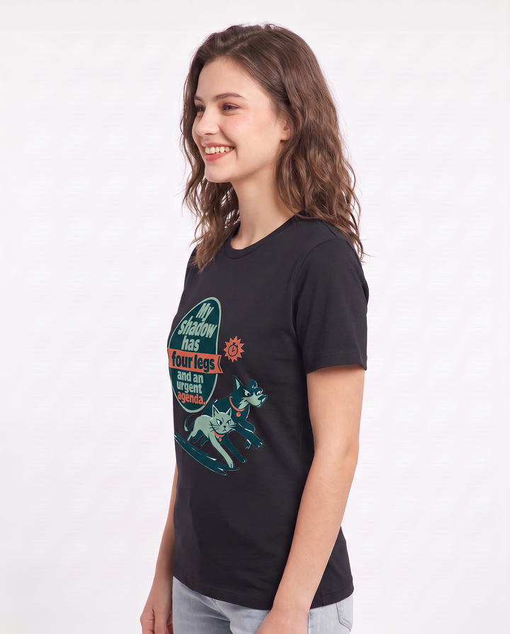 Graphic Women's Black T-Shirt - My shadow has four legs and an urgent product image 2
