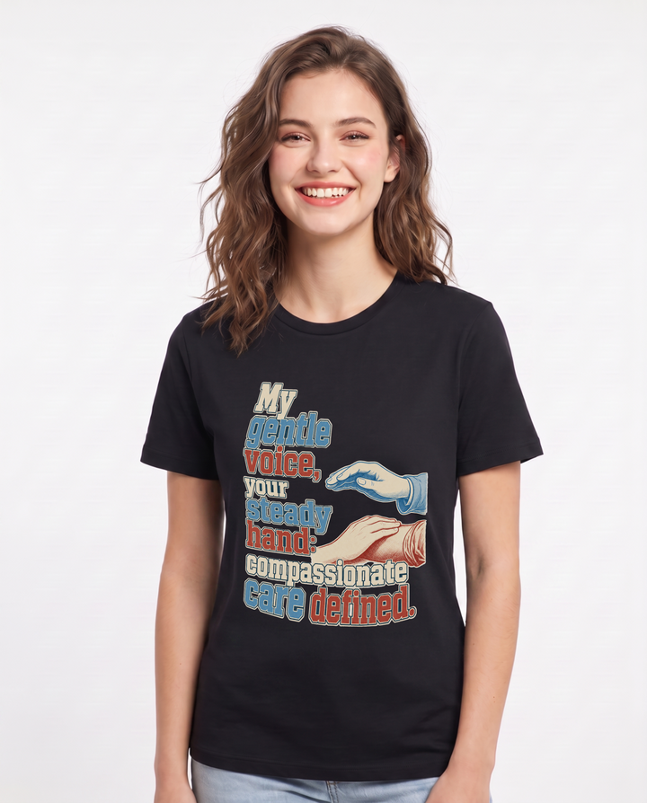 Nurse Women's Black T-Shirt – My gentle voice, your steady hand: compassionate care defined. product image 1