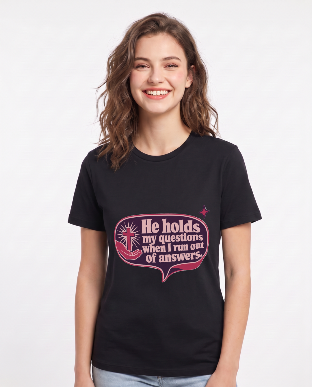 Graphic Women's Black T-Shirt - He holds my questions when I run out product image 1