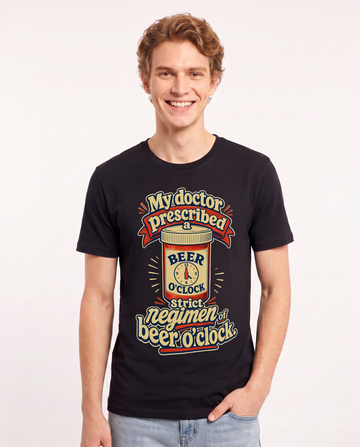 Funny Beer Men's Black T-Shirt – My doctor prescribed a strict regimen of product image 1