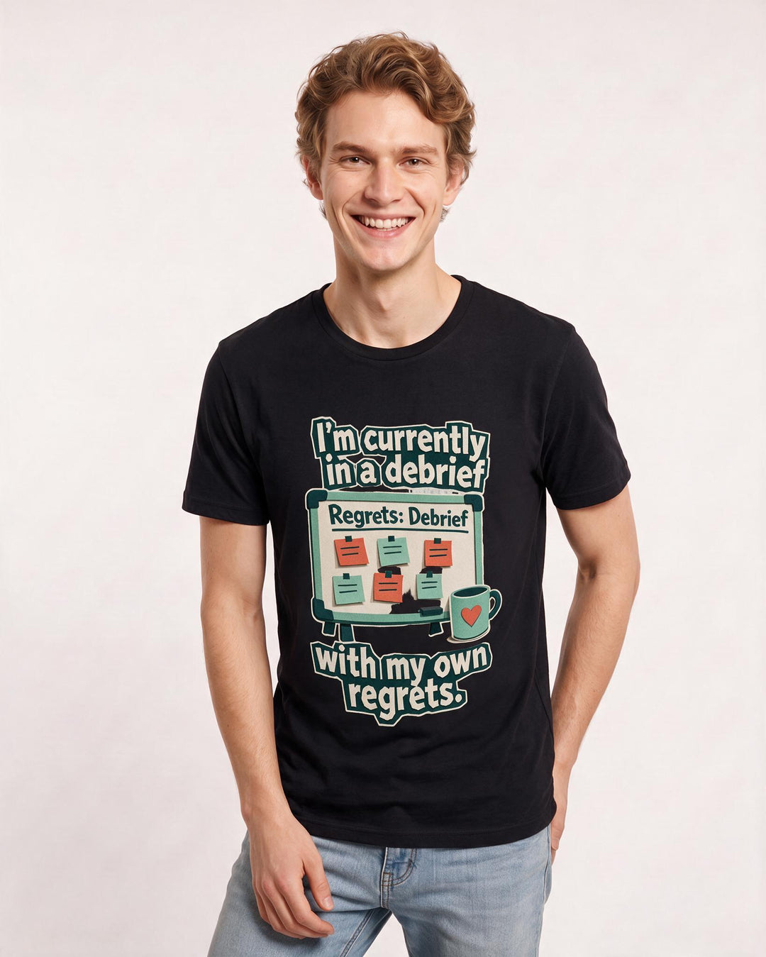 Funny Meme Men's Black T-Shirt – I'm currently in a debrief with my own regrets. product image 3