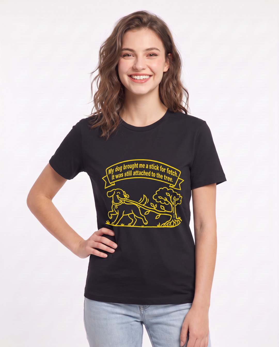 My dog brought me a stick for fetch. It was still attached to the tree. Women's Black T-Shirt product image 1