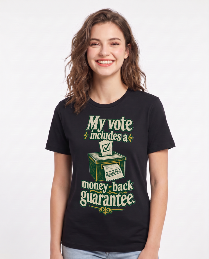 Political Statement Women's Black T-Shirt – My vote includes a money-back guarantee. product image 1