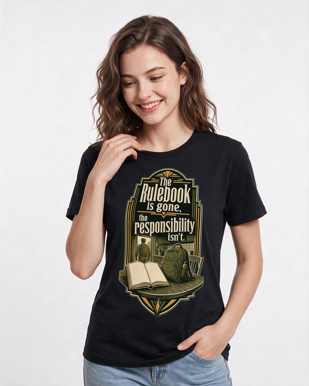 Veteran Women's Black T-Shirt – The rulebook is gone, the responsibility isn't. product image 3