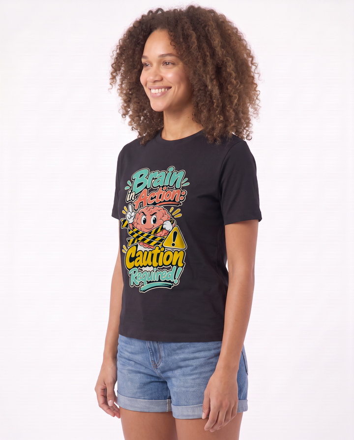 Brain In Action: Caution Required! Black T-Shirt mockup 3
