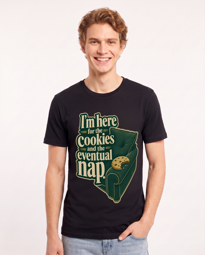Christmas Men's Black T-Shirt – I’m here for the cookies and the eventual nap. product image 1