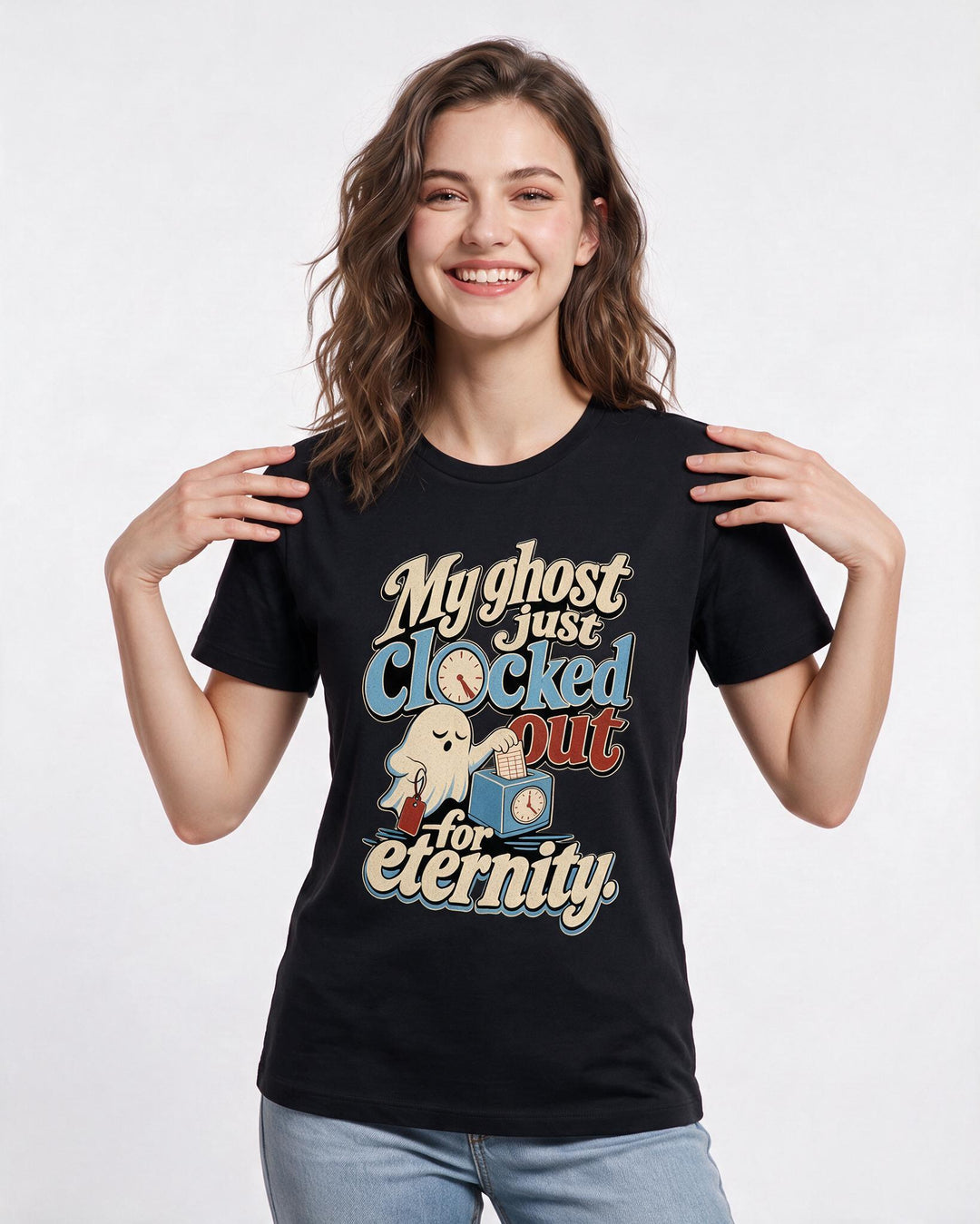 Halloween Women's Black T-Shirt – My ghost just clocked out for product image 3