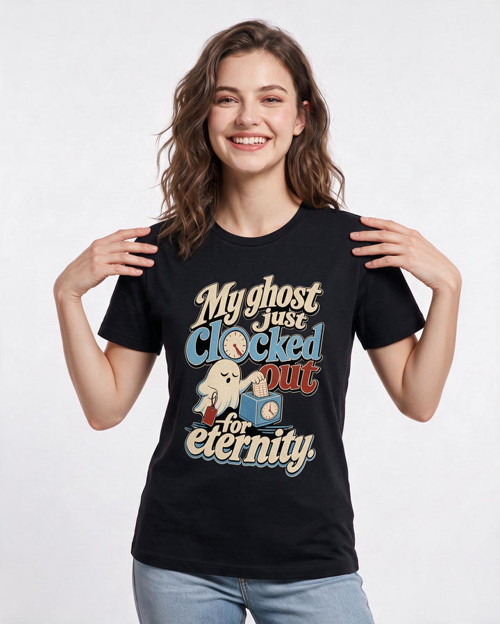 Halloween Women's Black T-Shirt – My ghost just clocked out for product image 3