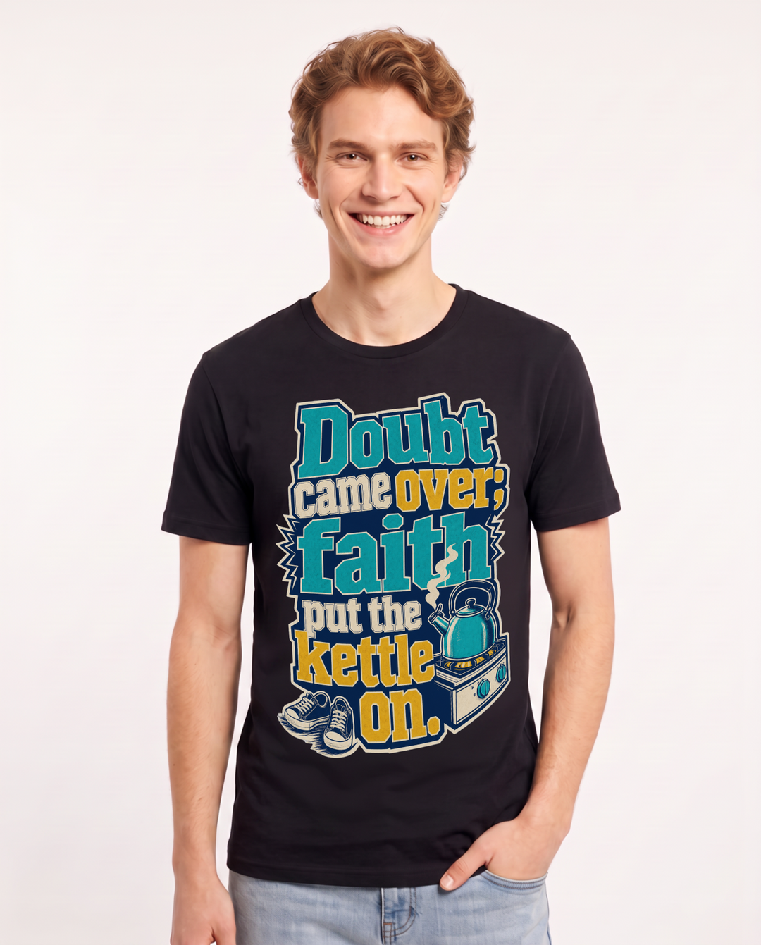 Christian Faith Men's Black T-Shirt – Doubt came over; faith put the kettle product image 1