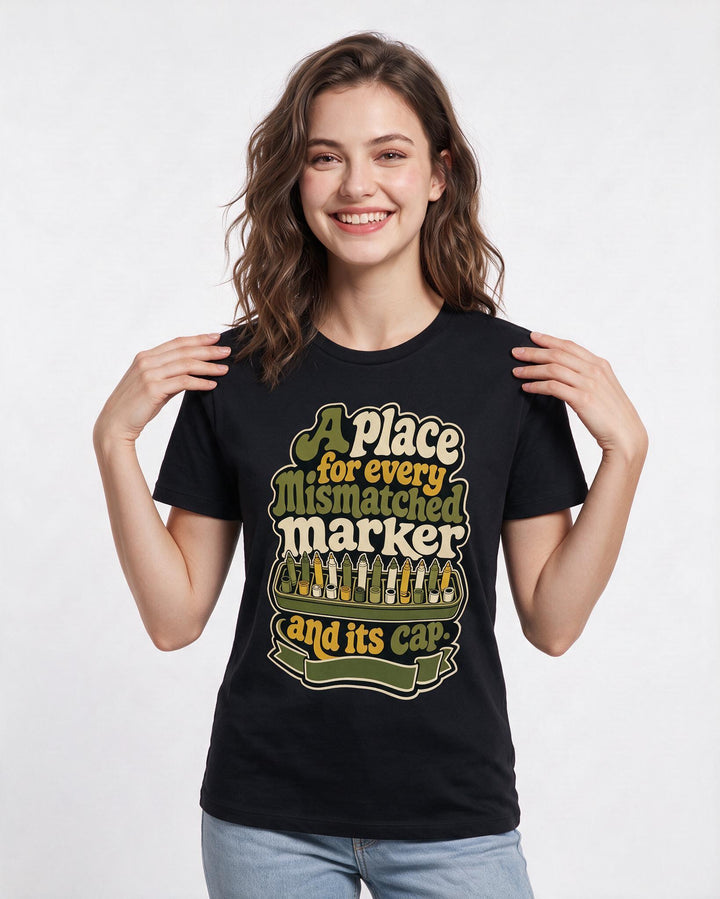 Teacher Women's Black T-Shirt – A place for every mismatched marker and its cap. product image 3