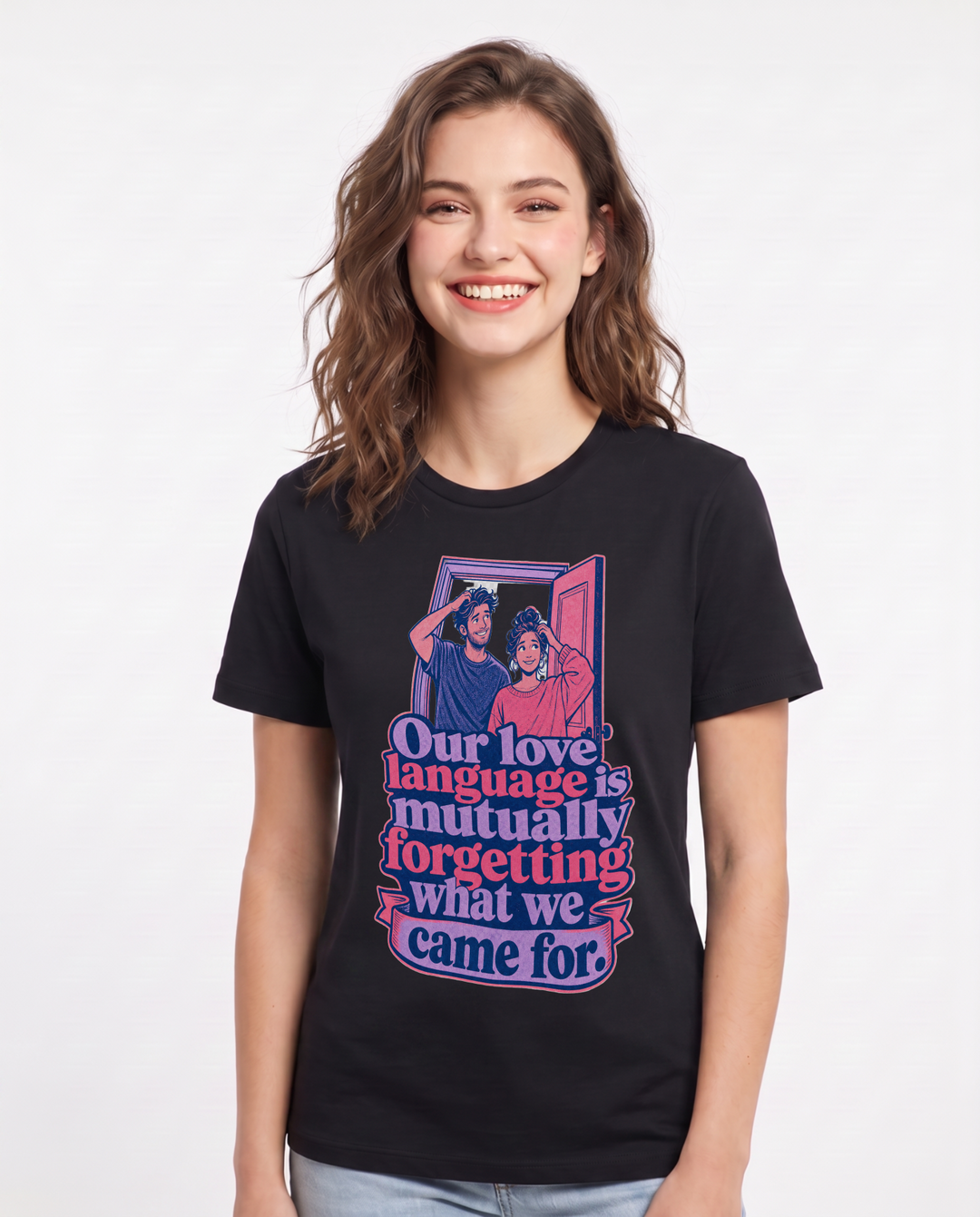 Funny Couples Women's Black T-Shirt – Our love language is mutually forgetting what we came for. product image 1