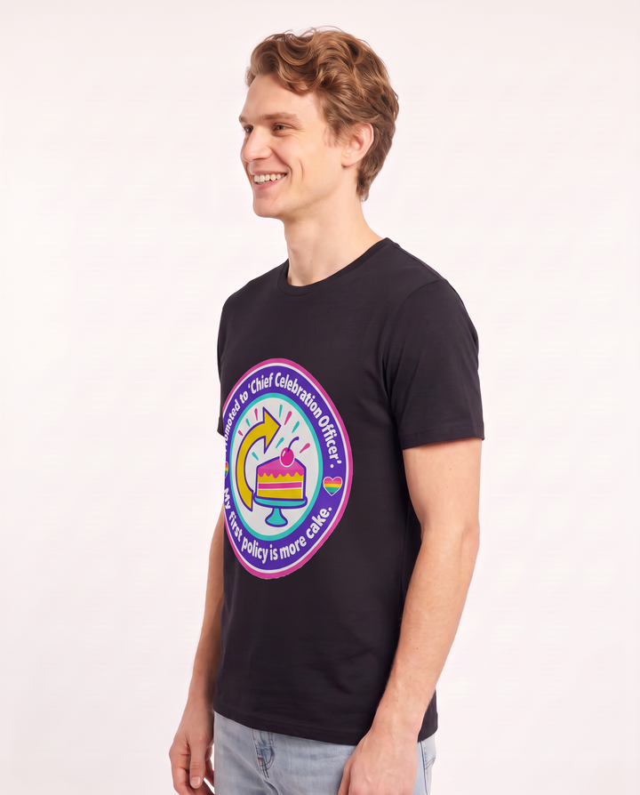 Promoted to 'Chief Celebration Officer'. My first policy is more cake. Men's Black T-Shirt product image 3