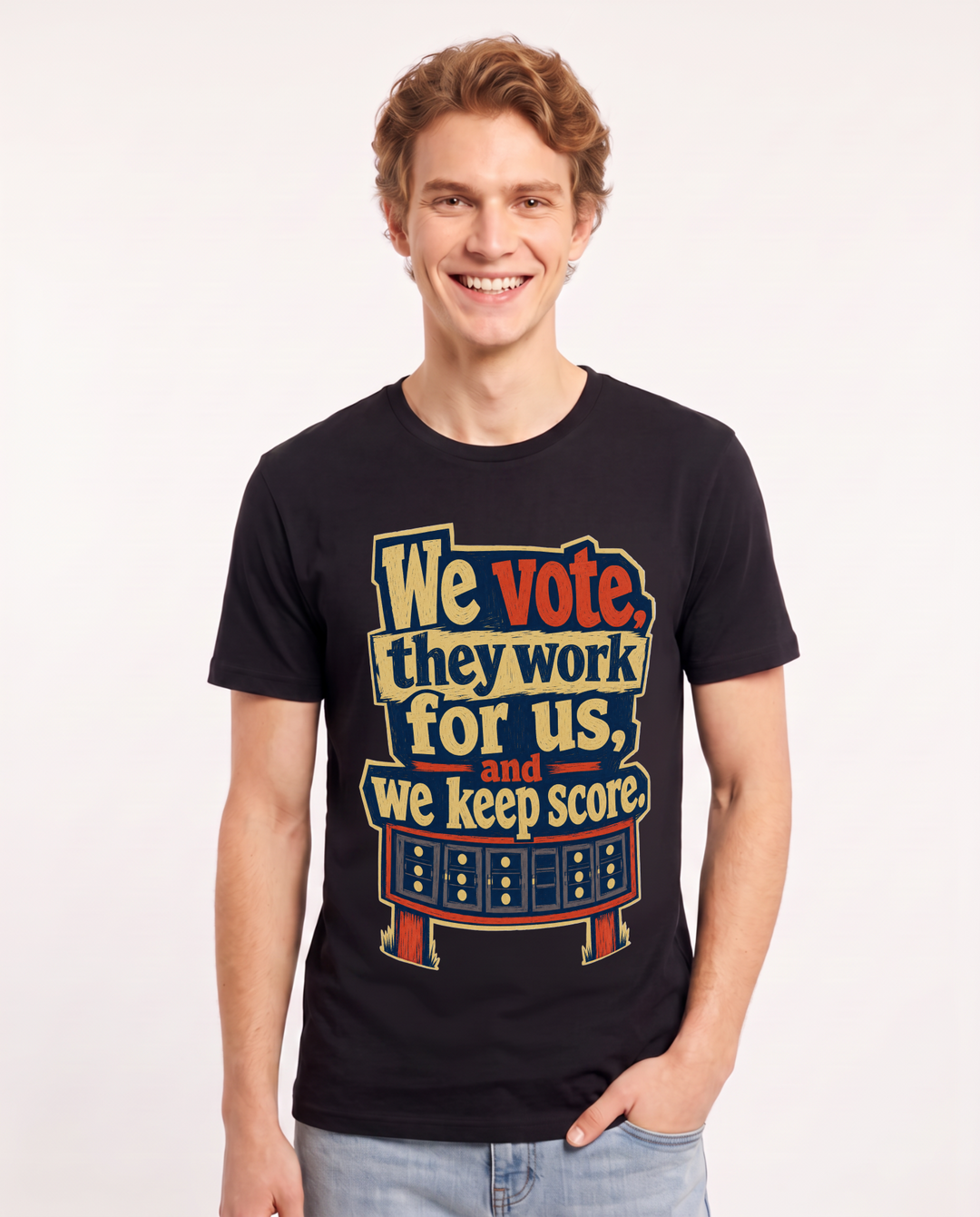 Political Statement Men's Black T-Shirt – We vote, they work for us, and we keep score. product image 1