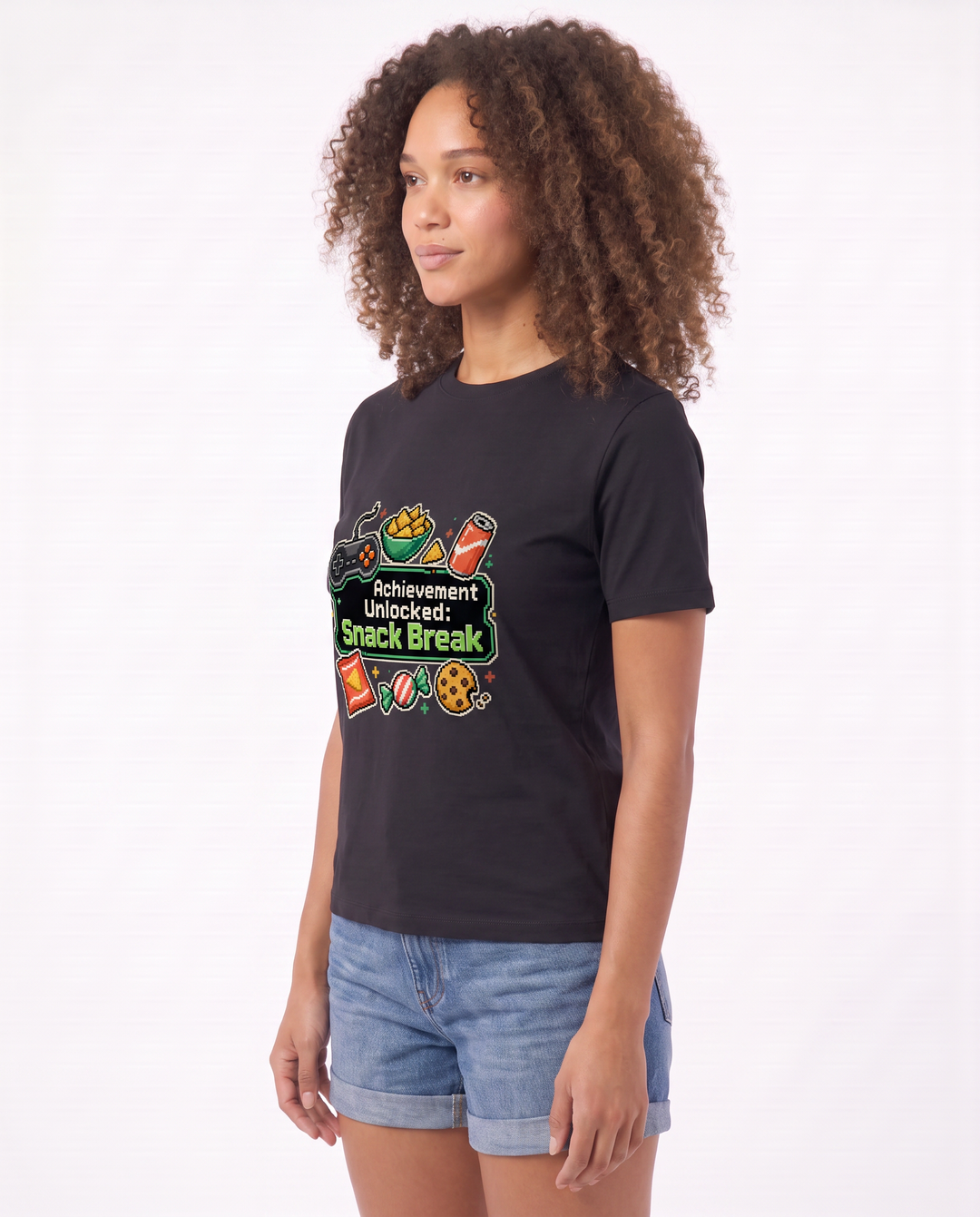 Achievement Unlocked: Snack Break Black T-Shirt mockup 2
