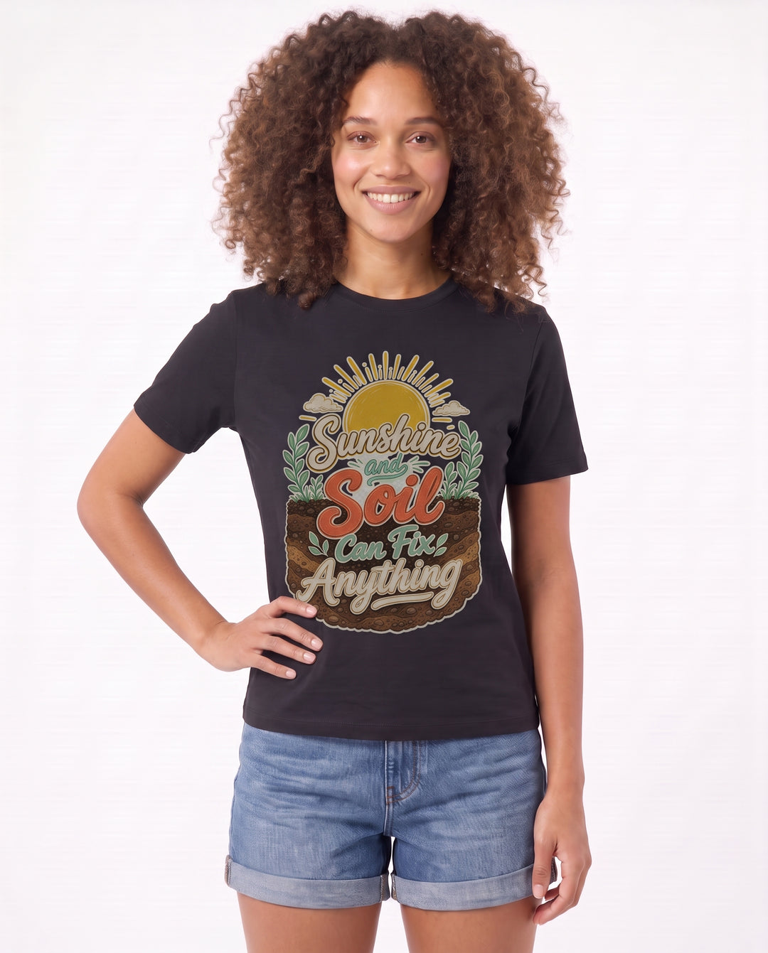 Sunshine And Soil Can Fix Anything Black T-Shirt mockup 3