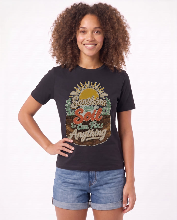 Sunshine And Soil Can Fix Anything Black T-Shirt mockup 3