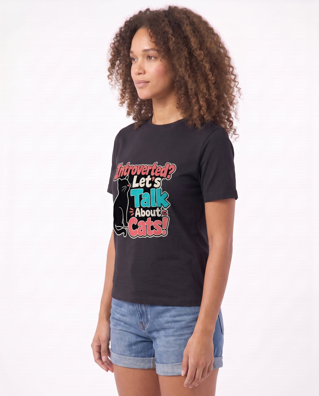 Introverted? Let's Talk About Cats! Black T-Shirt mockup 2