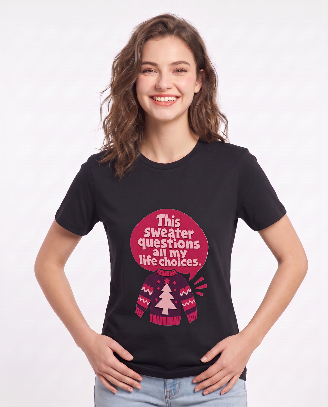Christmas Women's Black T-Shirt - This sweater questions all my life product image 3