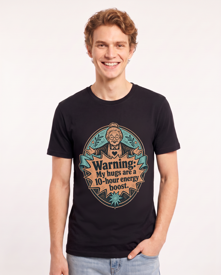 Graphic Men's Black T-Shirt - Warning: My hugs are a 10-hour energy product image 1