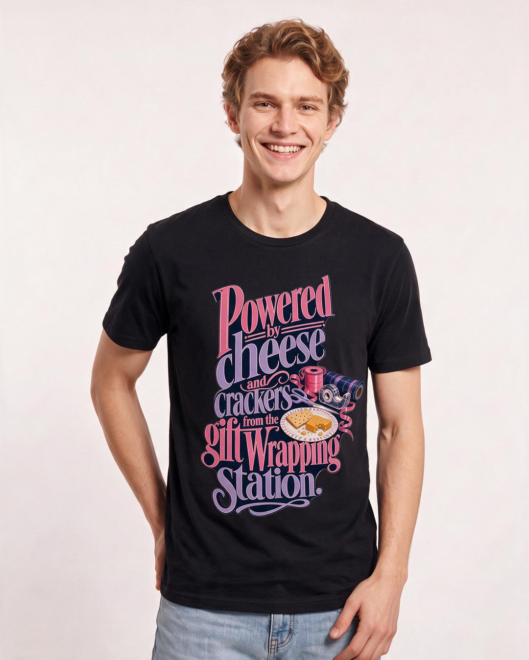 Funny Christmas Men's Black T-Shirt – Powered by cheese and crackers from the gift wrapping station. product image 3