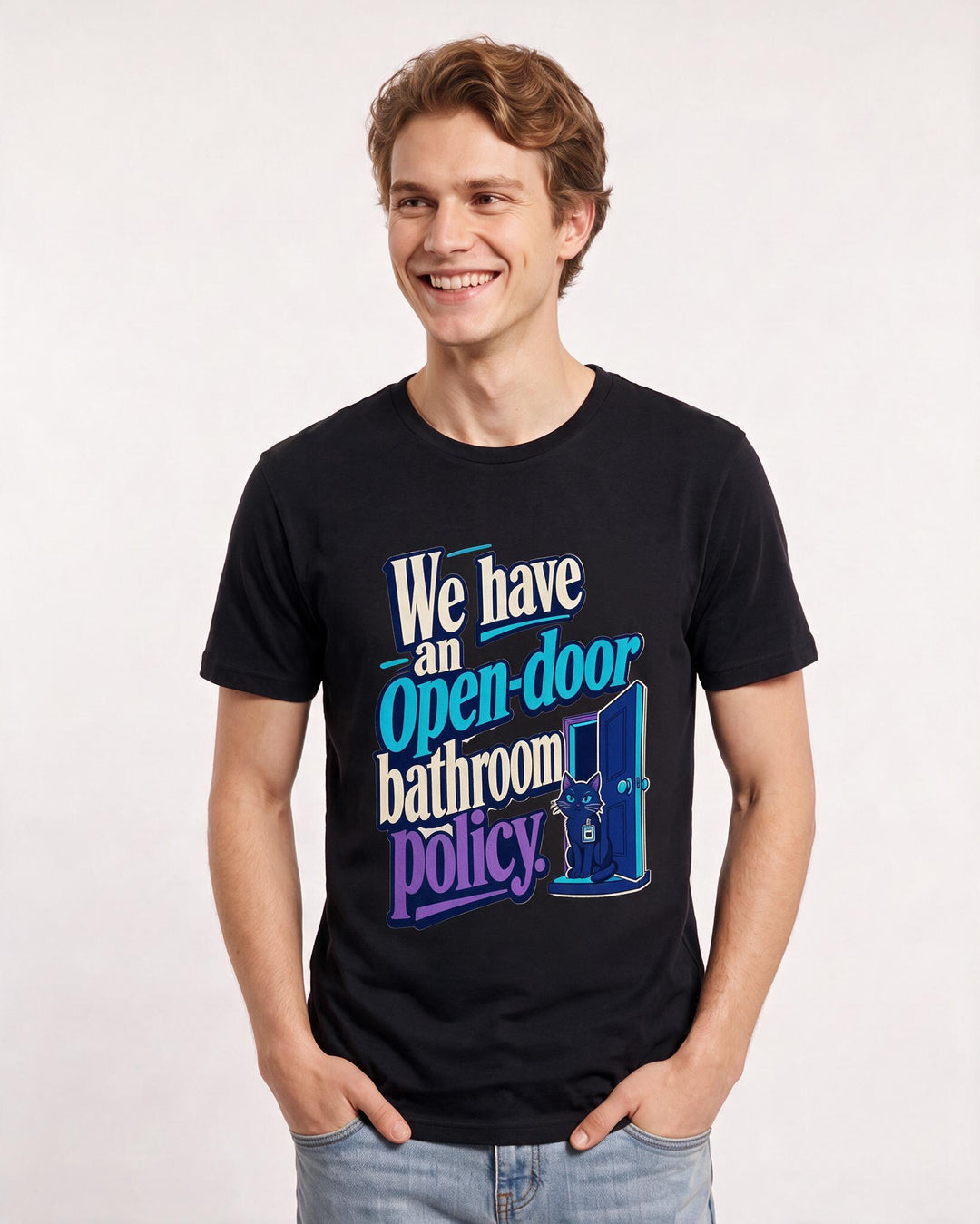 Funny Cat Lover Men's Black T-Shirt – We have an open-door bathroom policy. product image 3