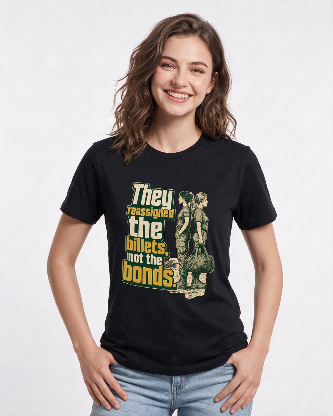 Veteran Women's Black T-Shirt – They reassigned the billets, not the product image 3