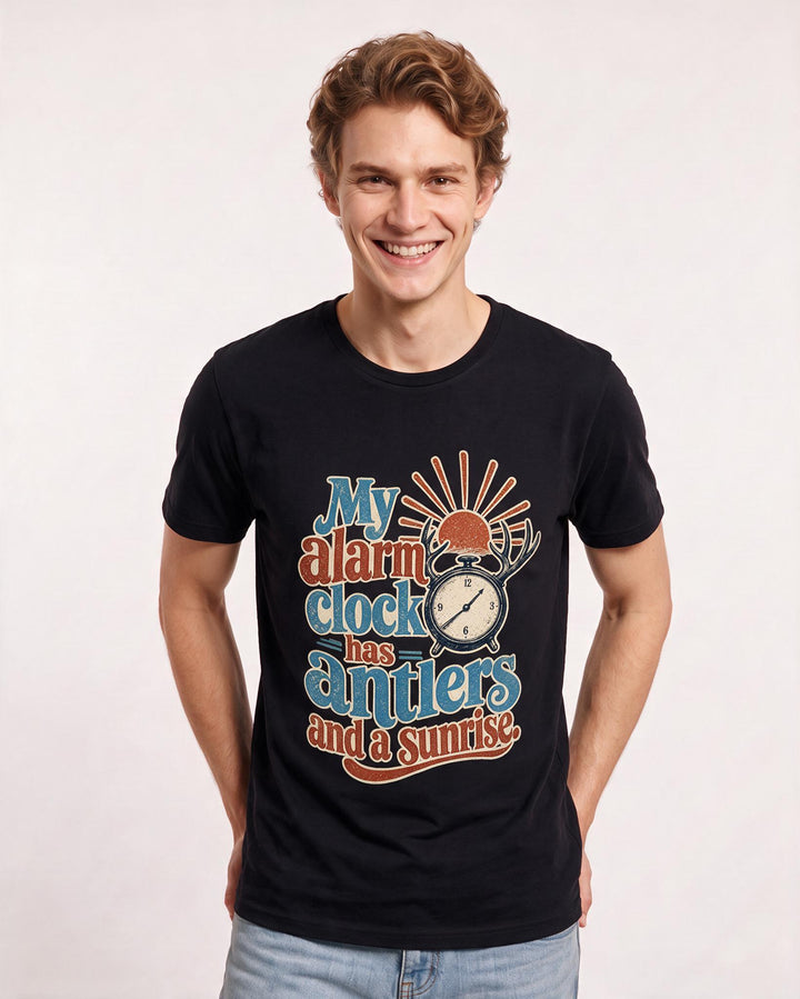 Hunting Men's Black T-Shirt – My alarm clock has antlers and a sunrise product image 3