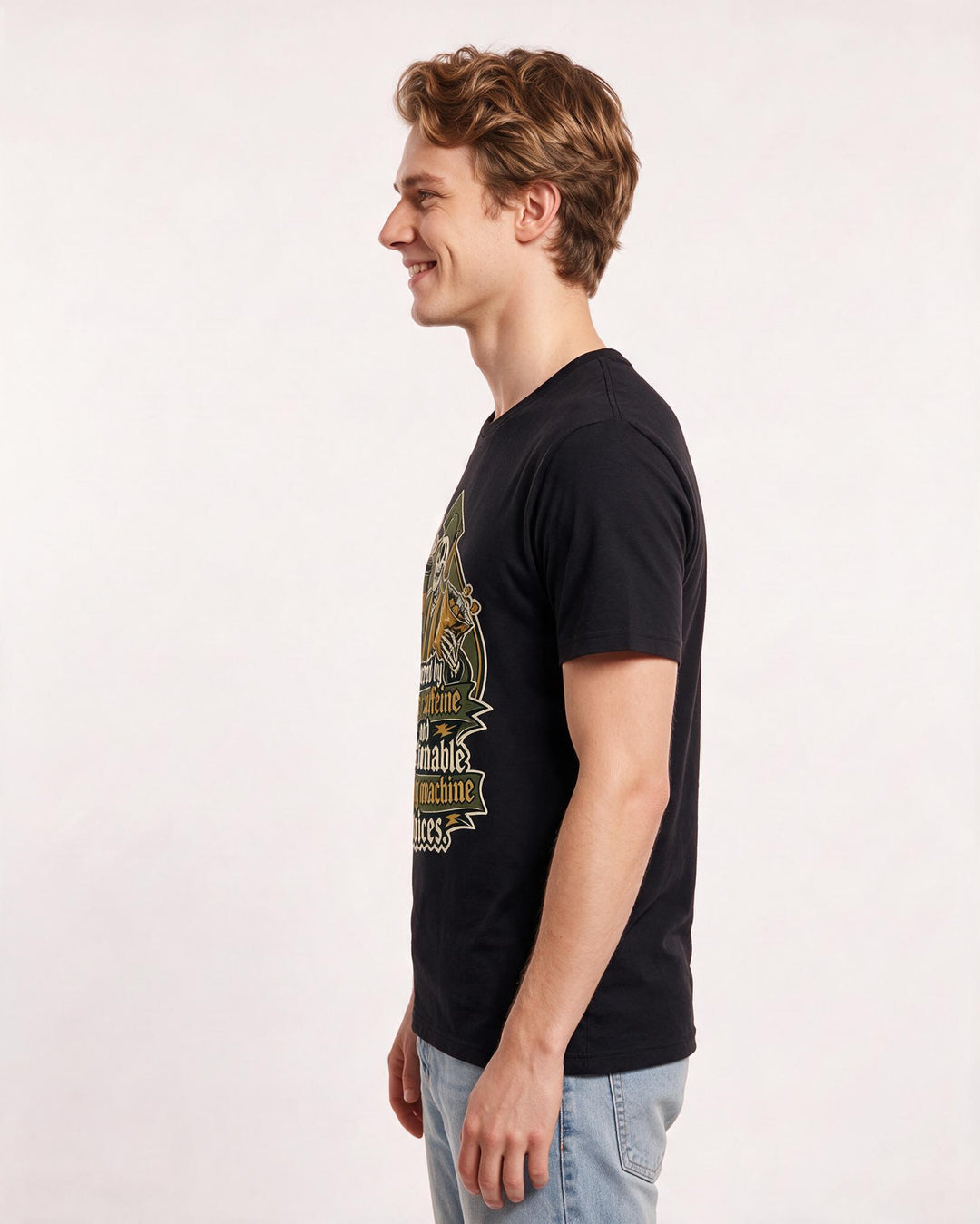 Funny Graduation Men's Black T-Shirt – Powered by pure caffeine and questionable vending machine choices. product image 2
