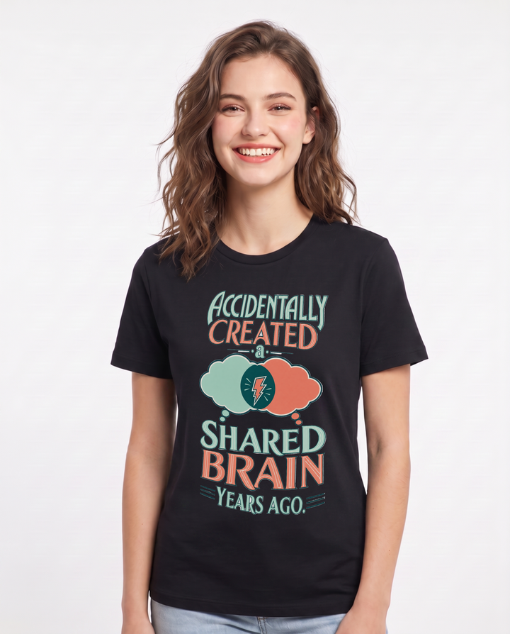 Funny Couples Women's Black T-Shirt – Accidentally created a shared brain product image 1