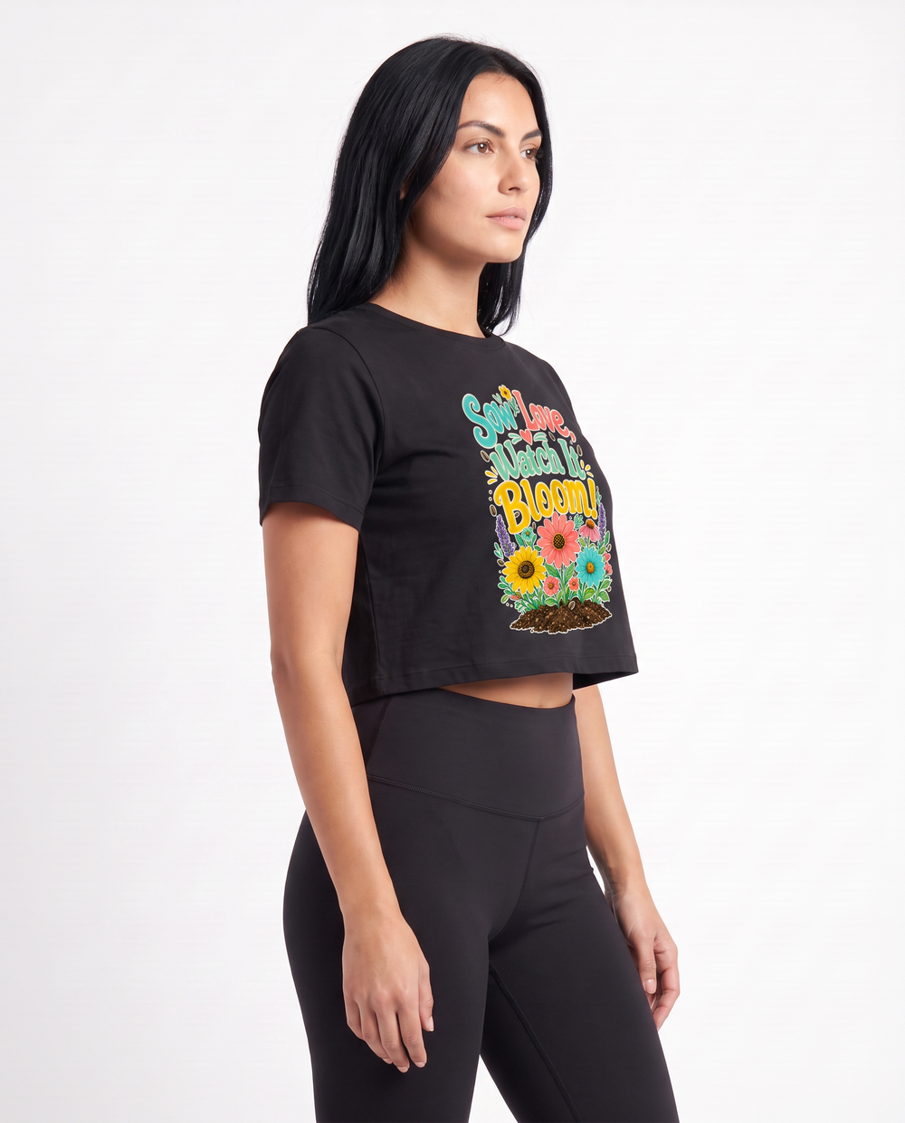 Sow Love, Watch It Bloom! Crop Top mockup 2