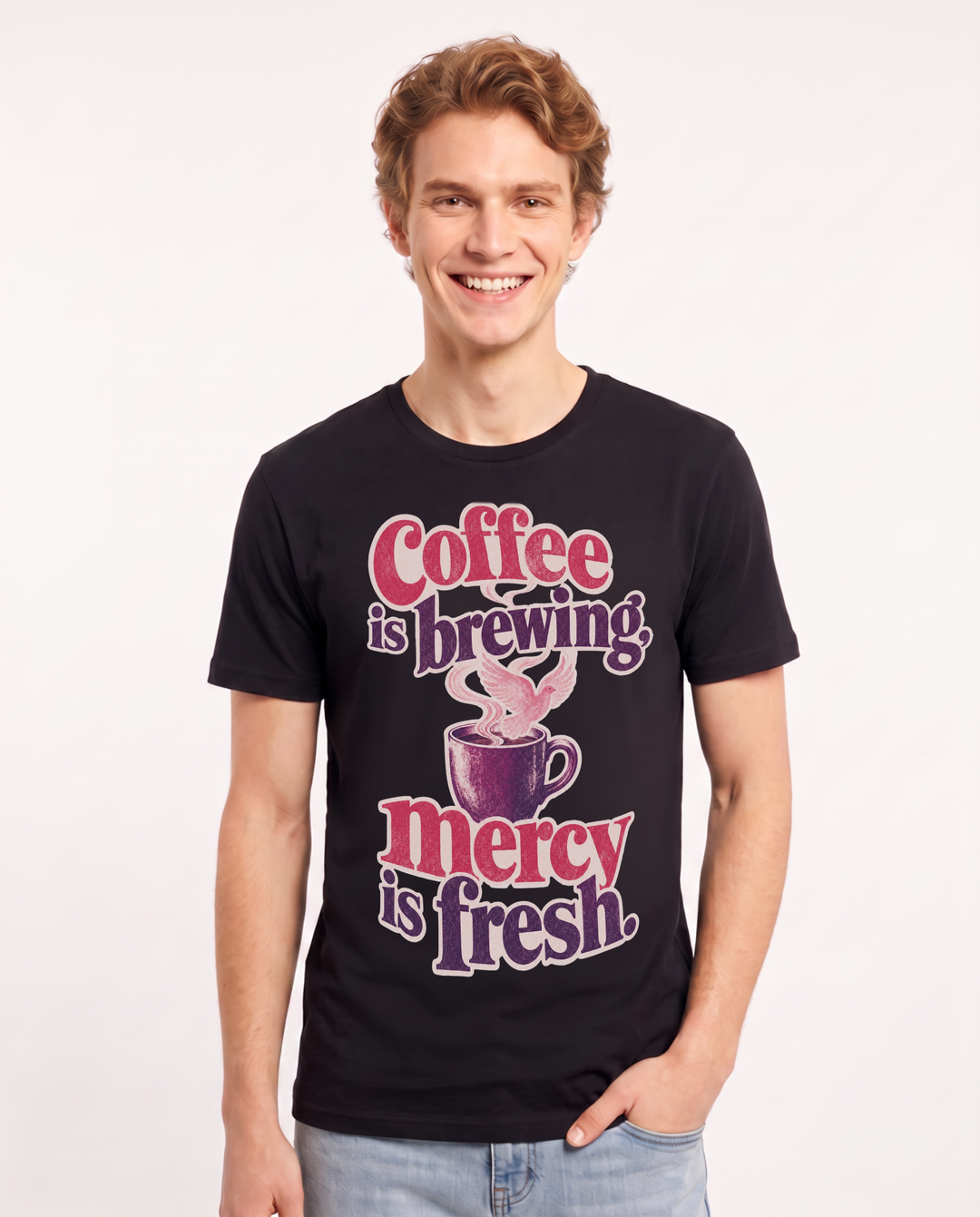 Christian Faith Men's Black T-Shirt – Coffee is brewing, mercy is fresh. product image 1