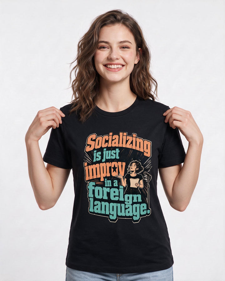 Neurodiversity Women's Black T-Shirt – Socializing is just improv in a foreign language. product image 3