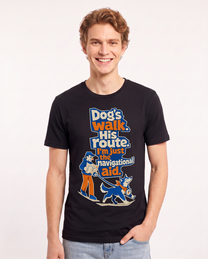 Cat Lover Men's Black T-Shirt – Dog's walk. His route. I'm just the navigational aid. product image 1