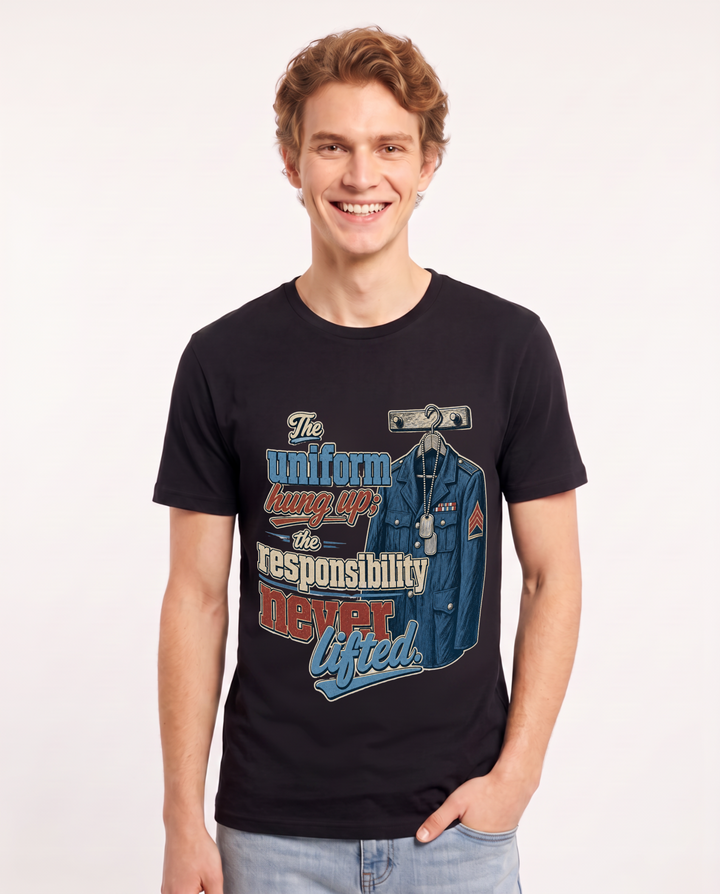 Veteran Men's Black T-Shirt – The uniform hung up; the responsibility never lifted. product image 1