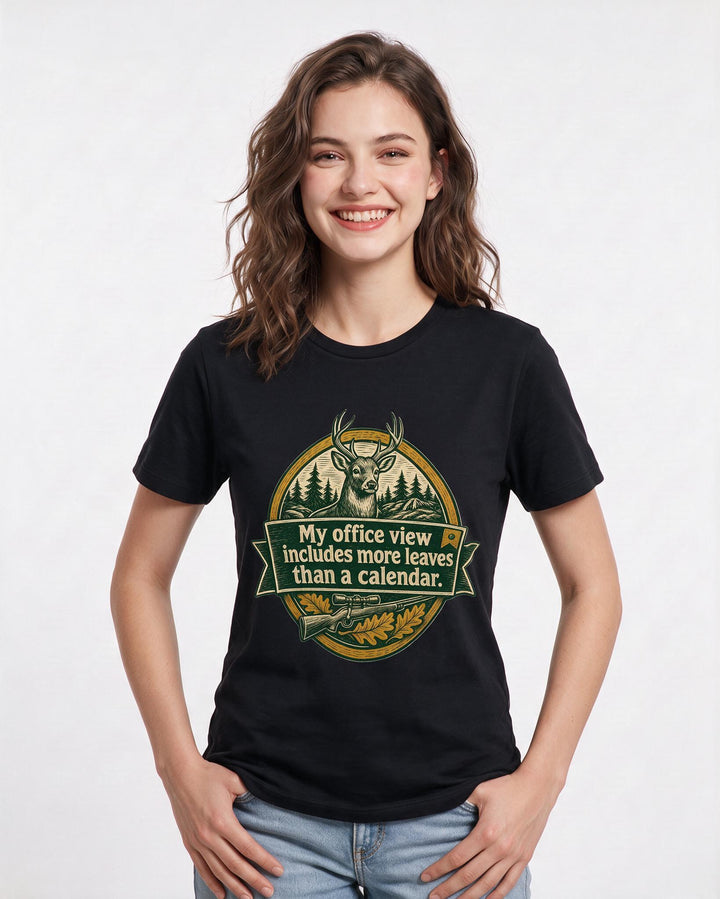 Hunting Women's Black T-Shirt - My office view includes more leaves product image 3